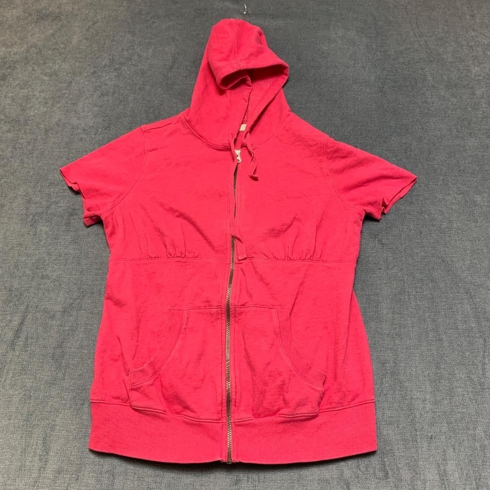 Old Navy Maternity Hoodie Womens L Pink Cotton Short Sleeve Full Zip Sweatshirt